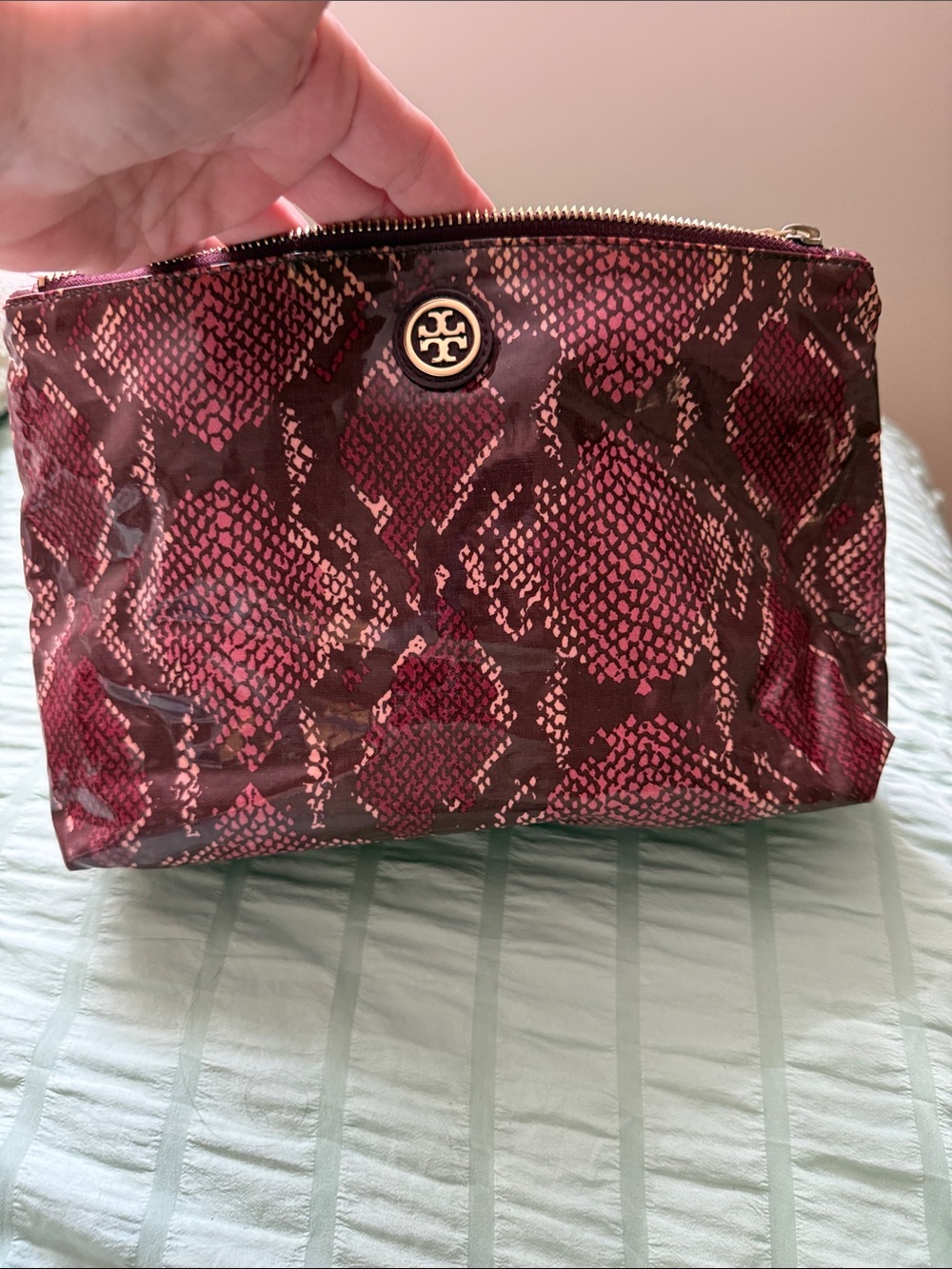 TORY BURCH Pink Snakeskin-Print Cosmetic Pouch